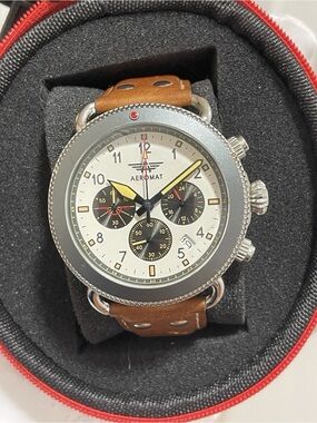 Aeromat Vol De Nuit Men's Pilot Chronograph Watch 44mm White Yellow Dial